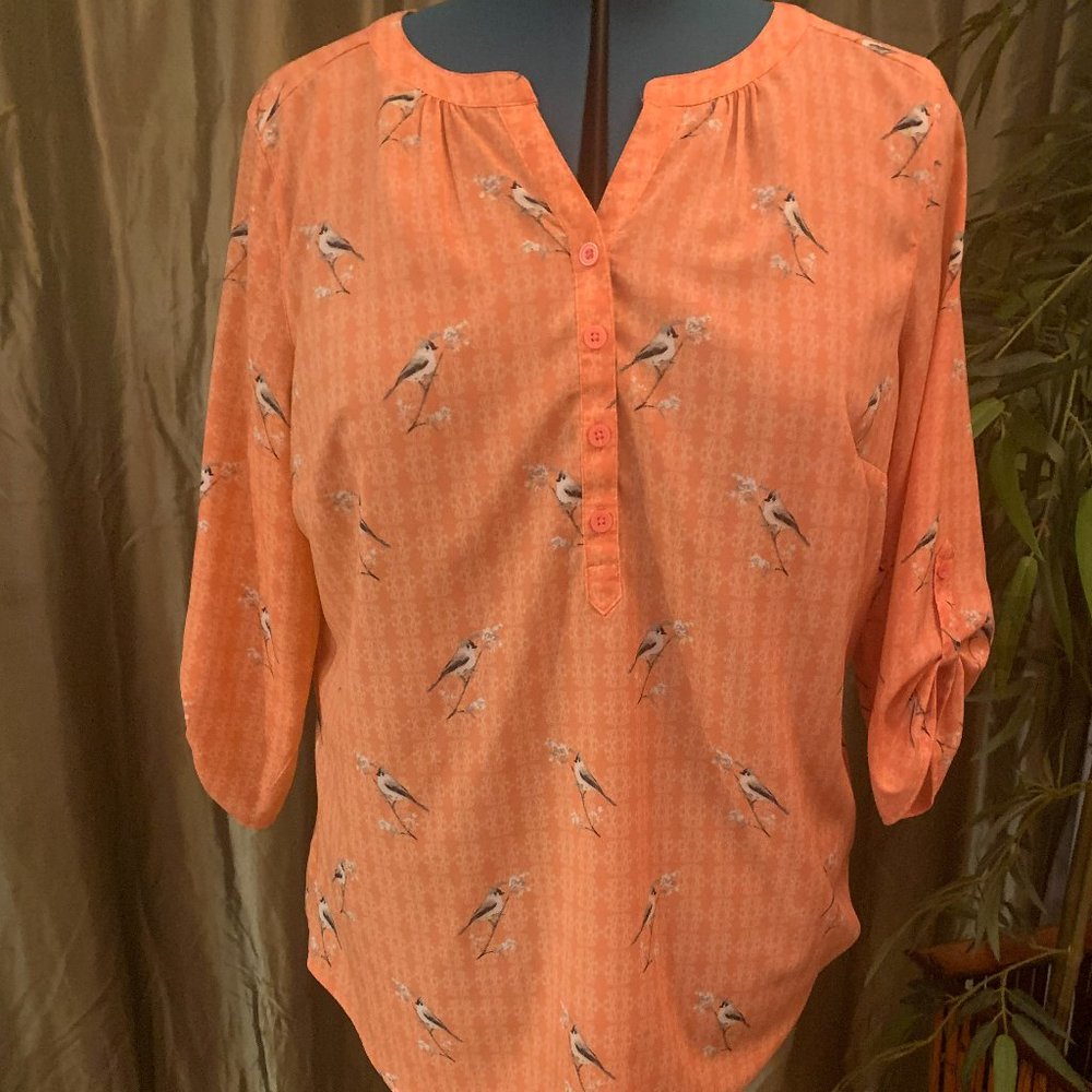 Blouse, Light orange, with super cute little birds on it!, Sz XL